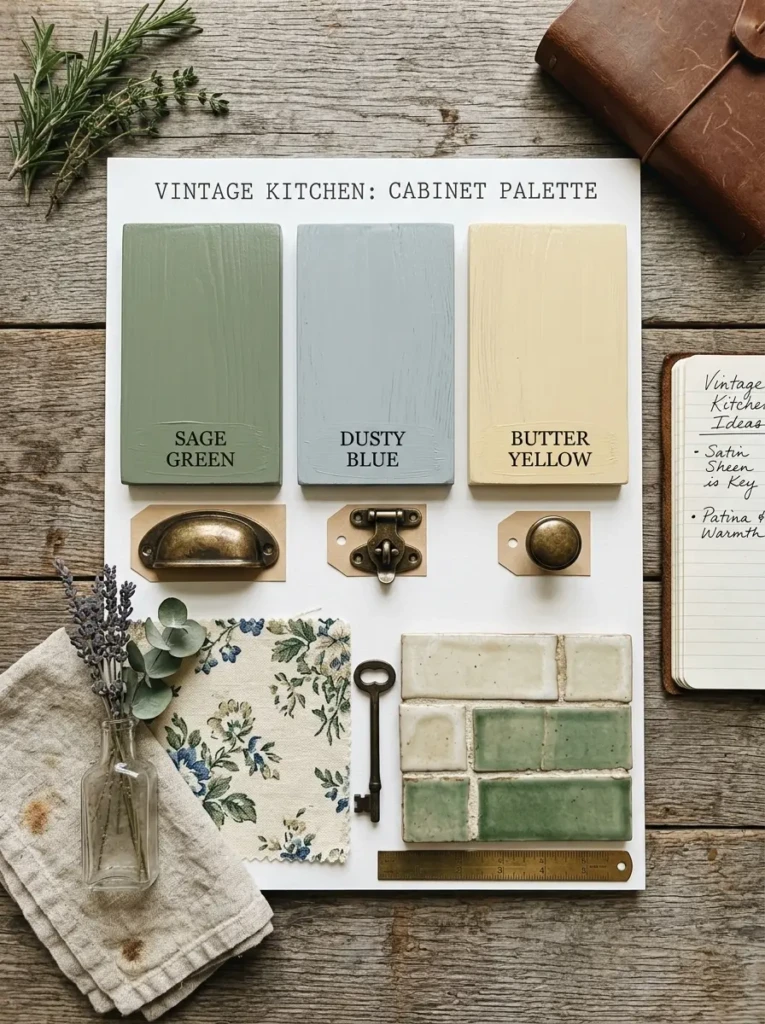 A styled flat lay of sage, dusty blue, and butter-yellow cabinet samples with brass hardware and satin finishes.