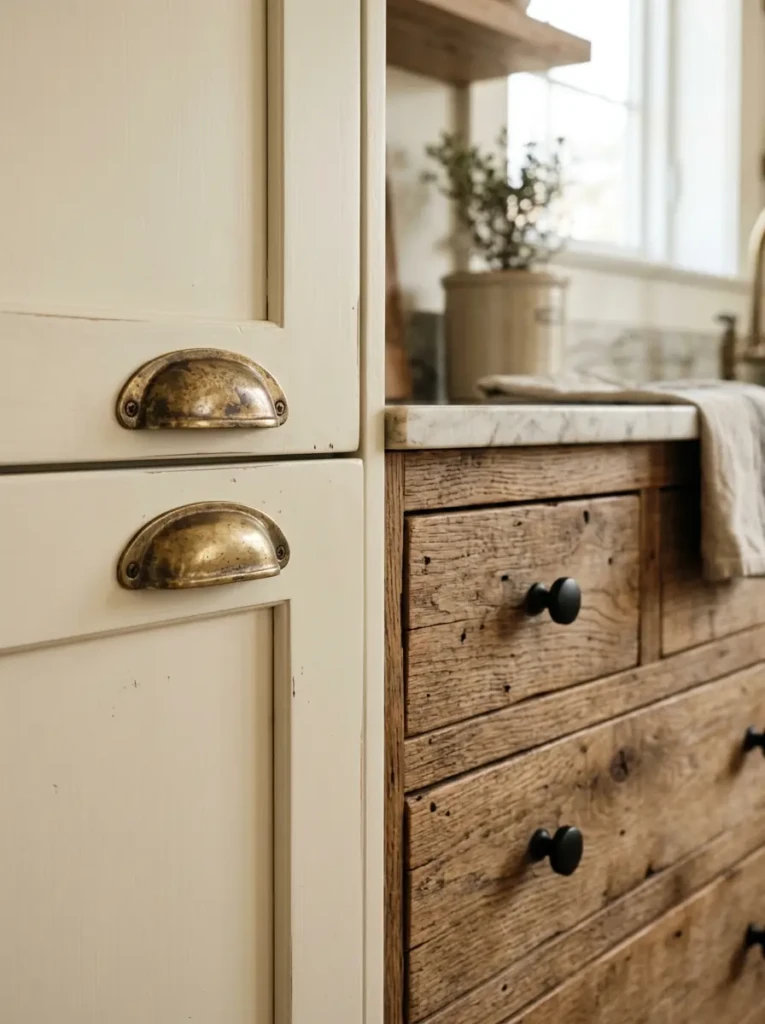 Cream shaker cabinets with aged brass cup pulls and matte black knobs in a warm farmhouse kitchen.