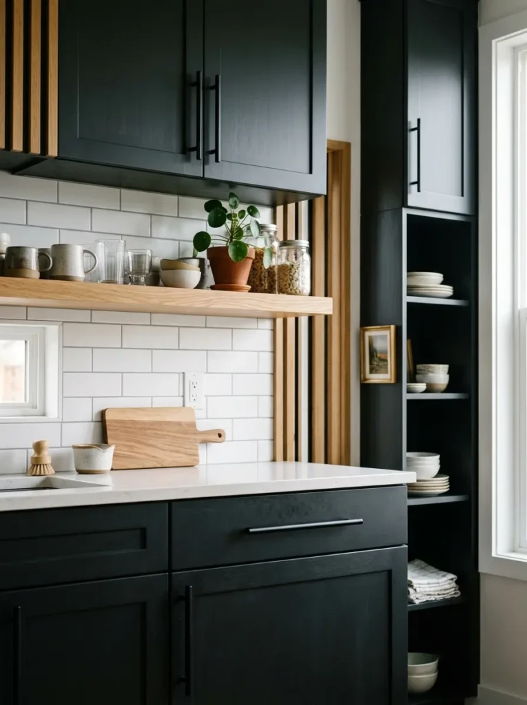 Close-up of shaker cabinet details with black pulls and open upper shelving in a small modern farmhouse kitchen.