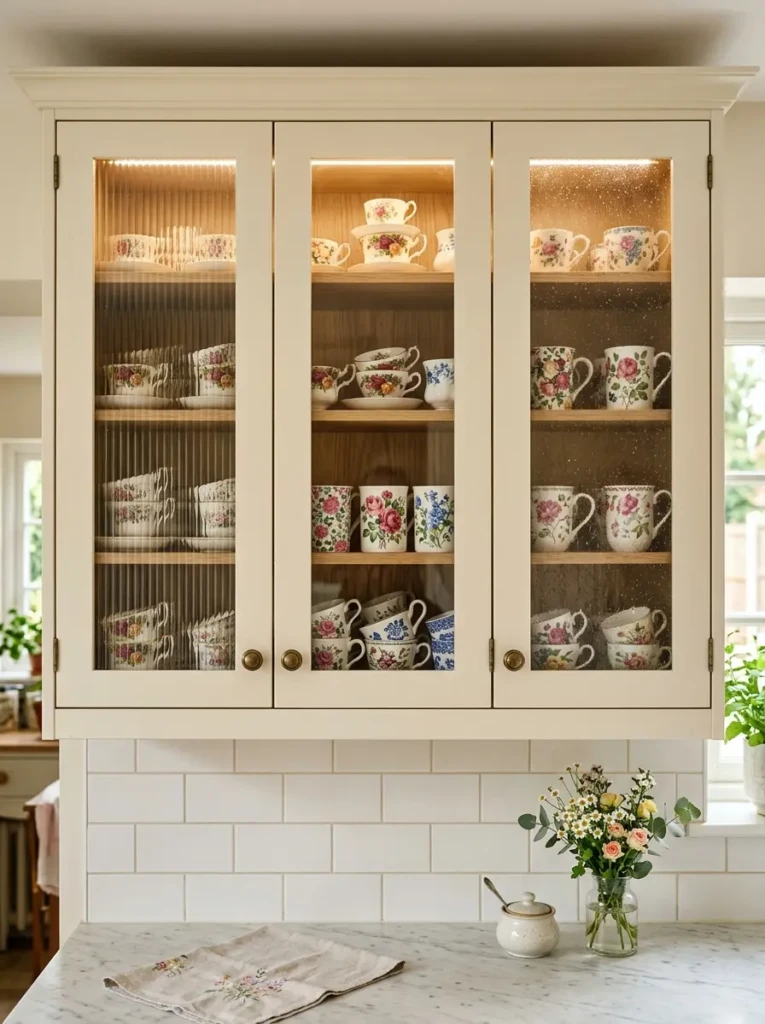 Seeded and fluted cabinet glass panels displaying floral mugs and teacups beautifully.