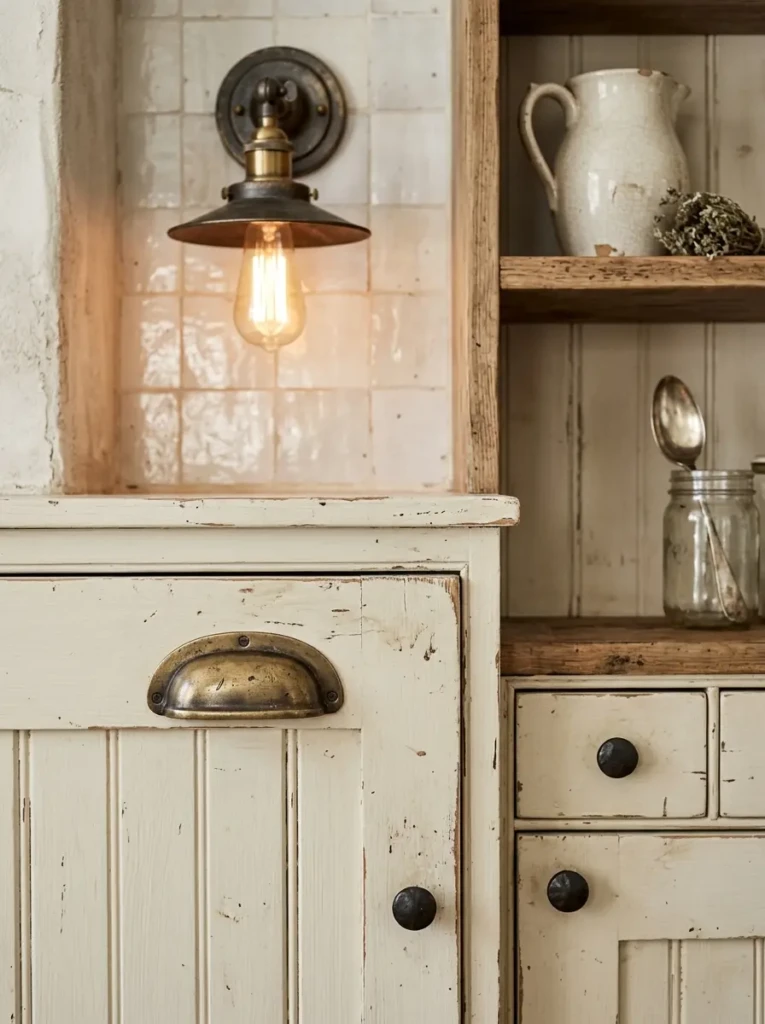 Close-up of layered brass and black finishes creating a collected-over-time farmhouse kitchen look.