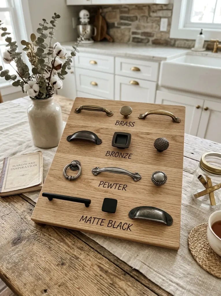 Styling board featuring brass, bronze, pewter, and matte black farmhouse cabinet hardware finishes.
