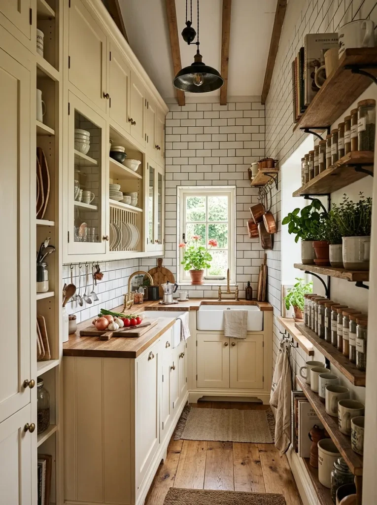 Narrow shelves and tall cabinets maximize wall space in a bright modern farmhouse kitchen.