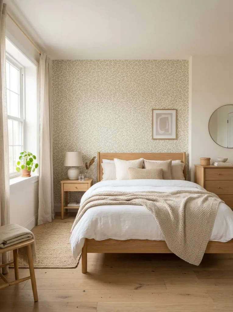 Bedroom with light wood furniture and subtle patterned wallpaper in calm tones