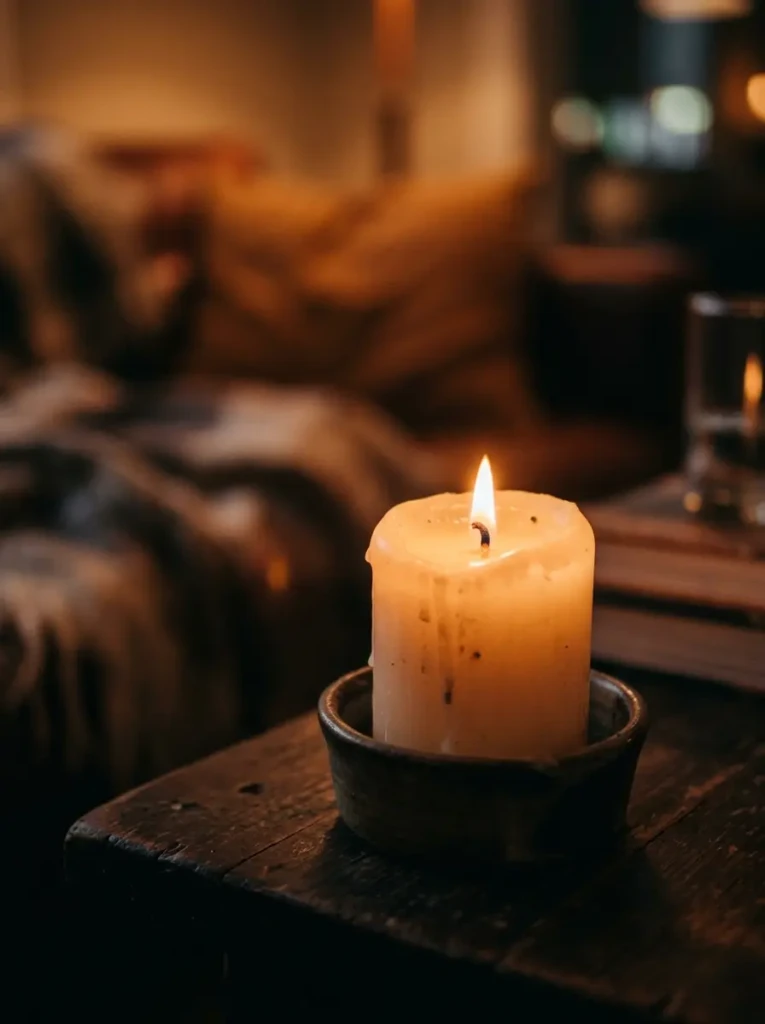 Close-up of lit candle with soft glow creating a warm and intimate fall ambiance