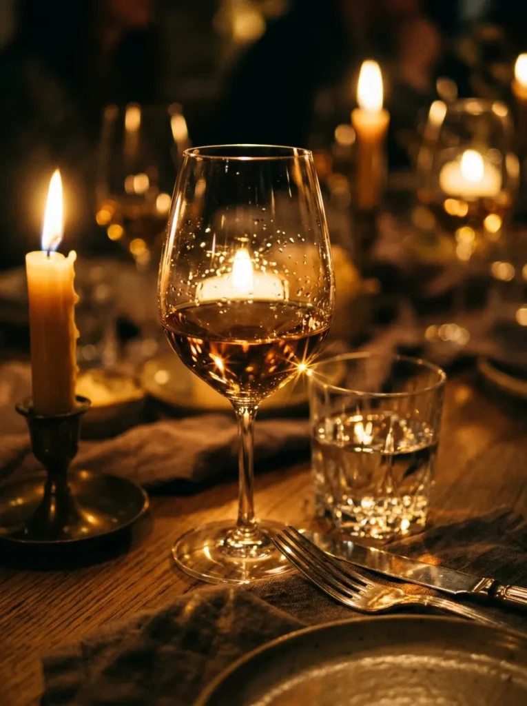 Close-up of candlelight reflecting on glass and tableware, creating a soft and cozy ambiance