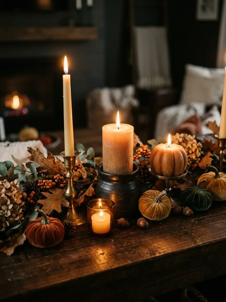 Close-up of candles in different heights and shapes glowing warmly on a fall mantle