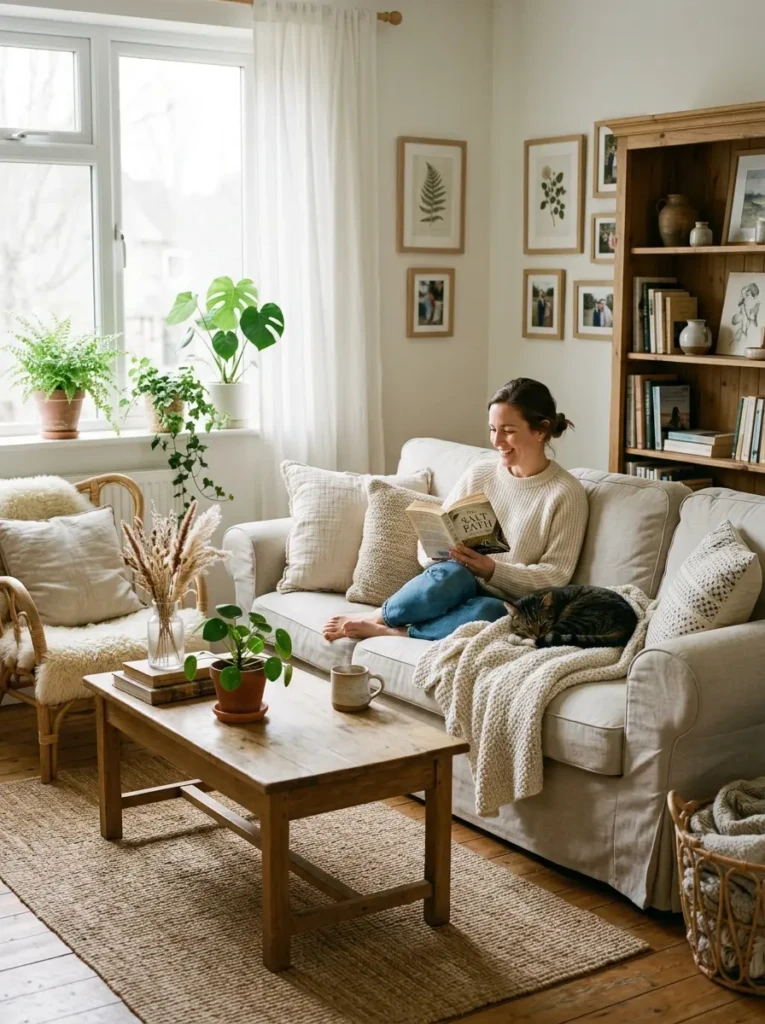 Casual home decor with light autumn accents and cozy, lived-in atmosphere