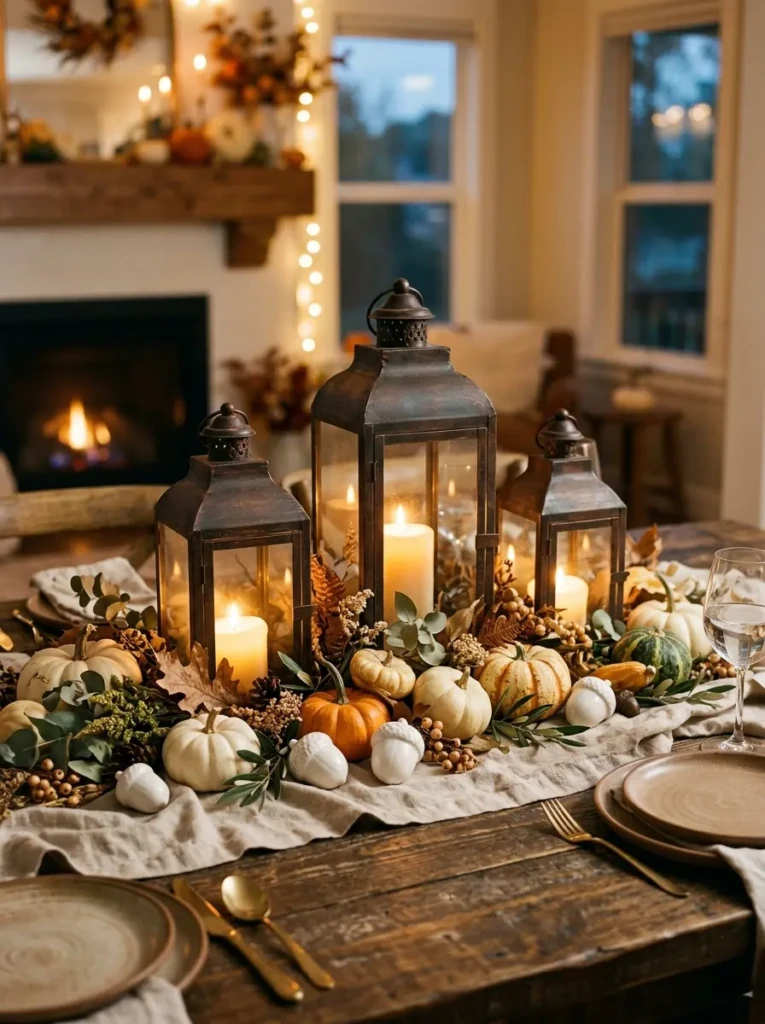 Warm glowing lanterns surrounded by pumpkins and greenery creating a cozy and inviting Halloween table setting