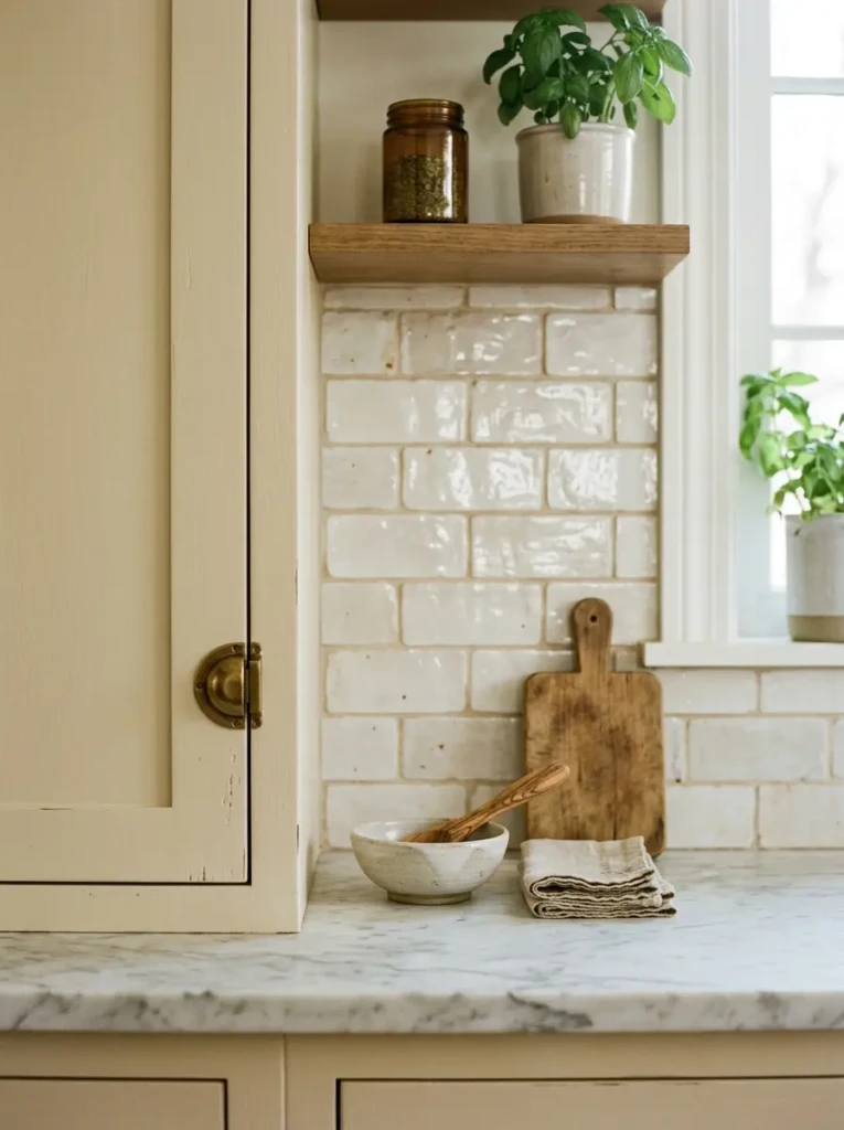 Close-up of softly imperfect ceramic backsplash tiles with light grout and cream cabinets in a farmhouse kitchen.