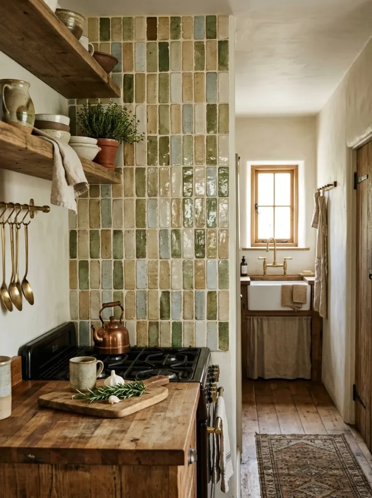Vertical ceramic backsplash tiles visually lift the ceiling in a narrow small farmhouse galley kitchen while adding timeless texture.