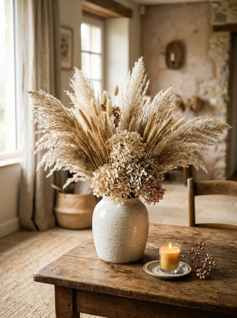 Neutral vase filled with pampas grass and dried wheat creating a soft, airy rustic autumn display