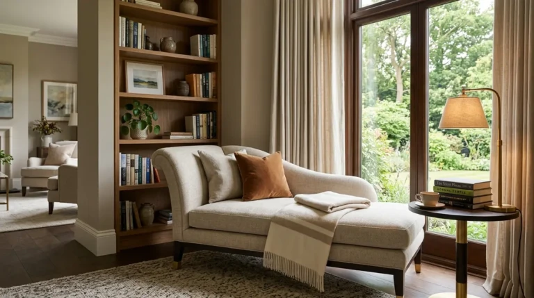 Chaise lounge living room corner with a linen chaise, folded throw, side table stacked with books, and warm reading light by the window.
