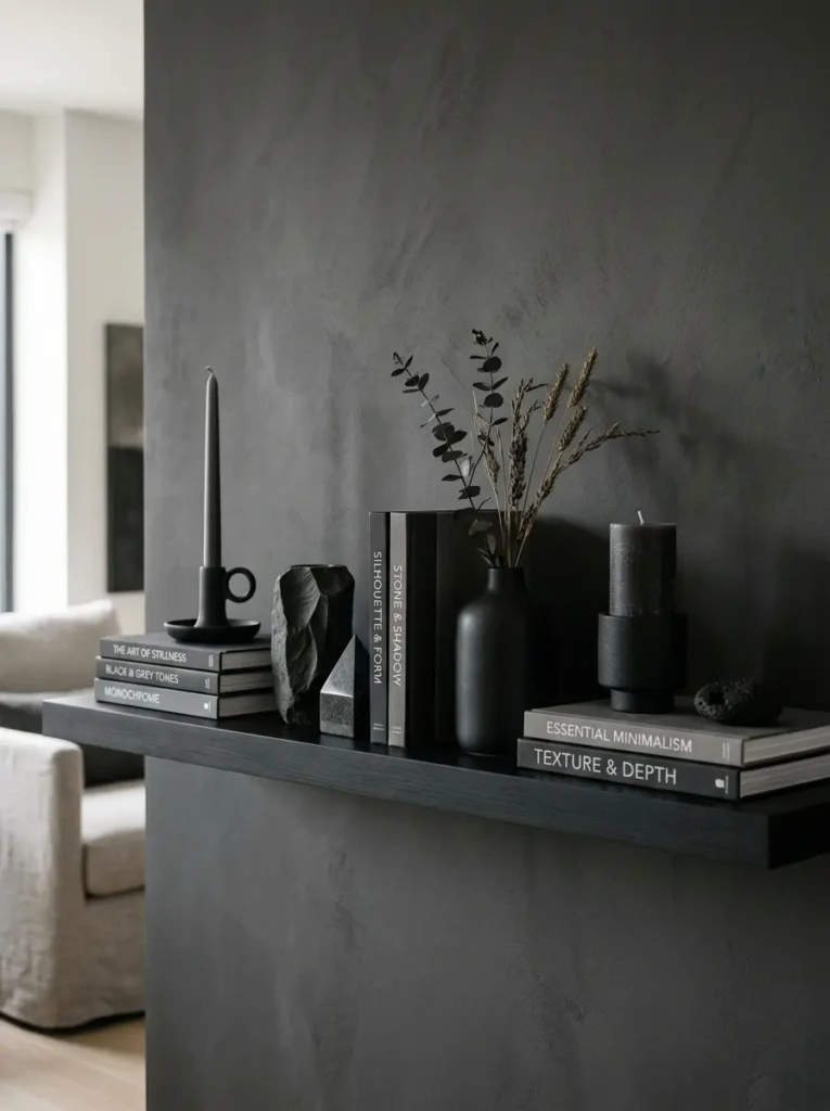 Charcoal and black floating shelf decor with candles and stone objects in a sophisticated minimalist room.