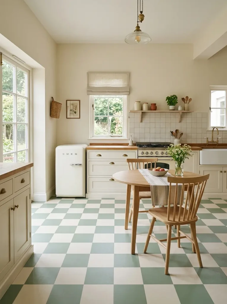 Subtle retro kitchen floor design with green and cream checkerboard tiles and neutral decor.