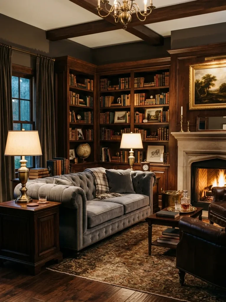 Classic grey velvet Chesterfield sofa in elegant living room with dark wood shelves and brass lamps.
