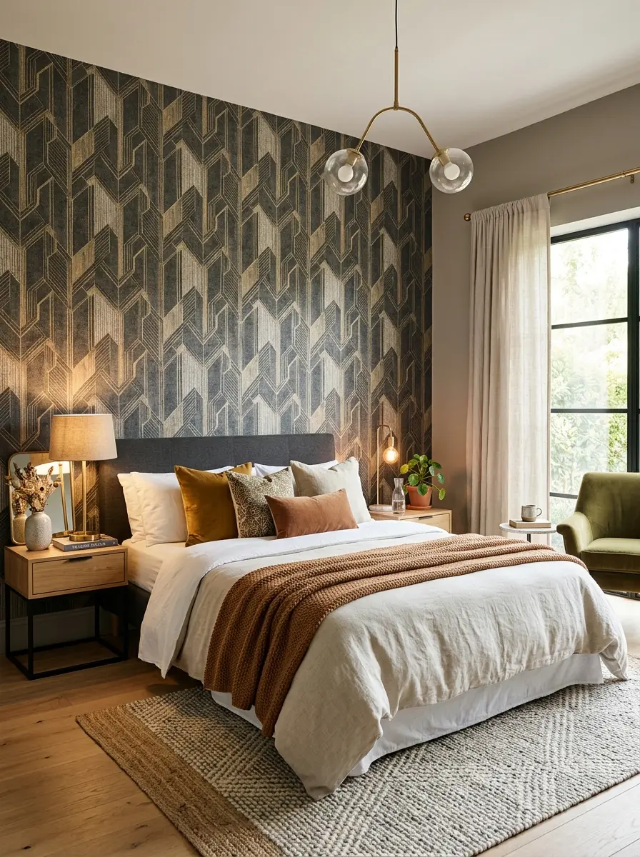 A chic bedroom with a bold wallpaper wall, layered bedding, and warm lighting