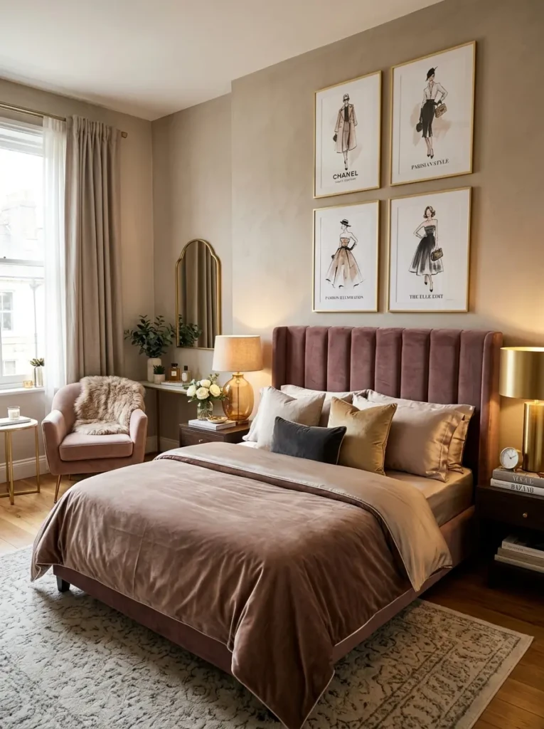 Chic grown woman bedroom with fashion illustration posters, velvet headboard, satin bedding, and gold-framed wall art.