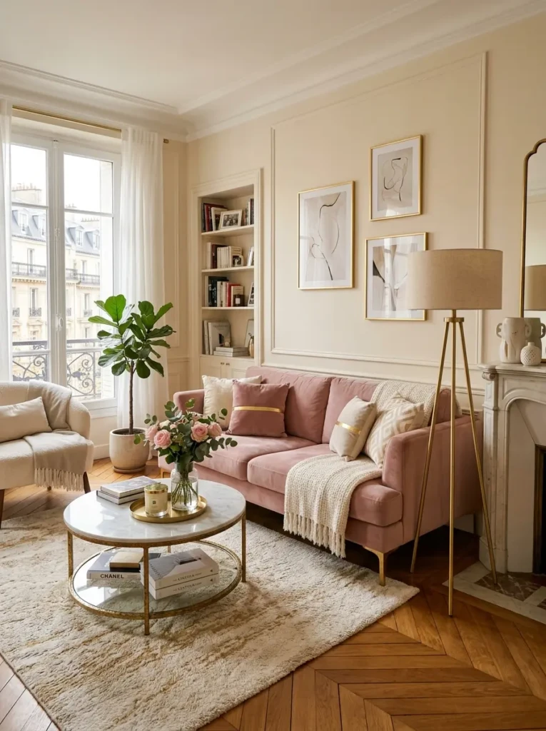 Chic apartment living room featuring a blush pink sofa, cream walls, brass lamp, and marble coffee table.