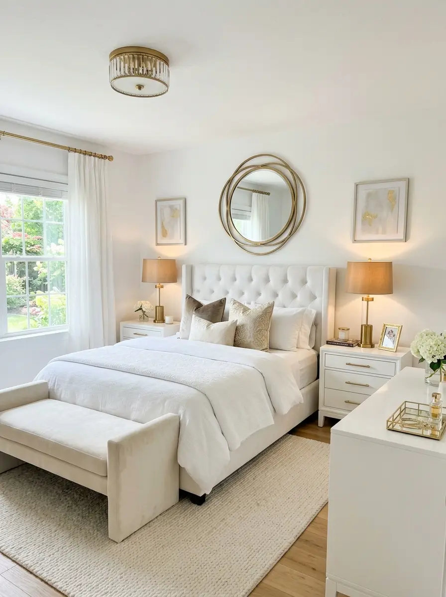 Chic white bedroom with gold lamps, brass hardware, and metallic mirror details.