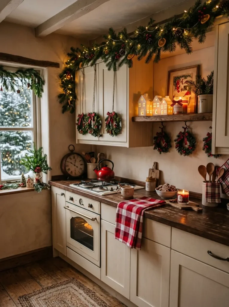 Small farmhouse kitchen decorated with mini wreaths, plaid towels, pine garlands, and holiday accents.