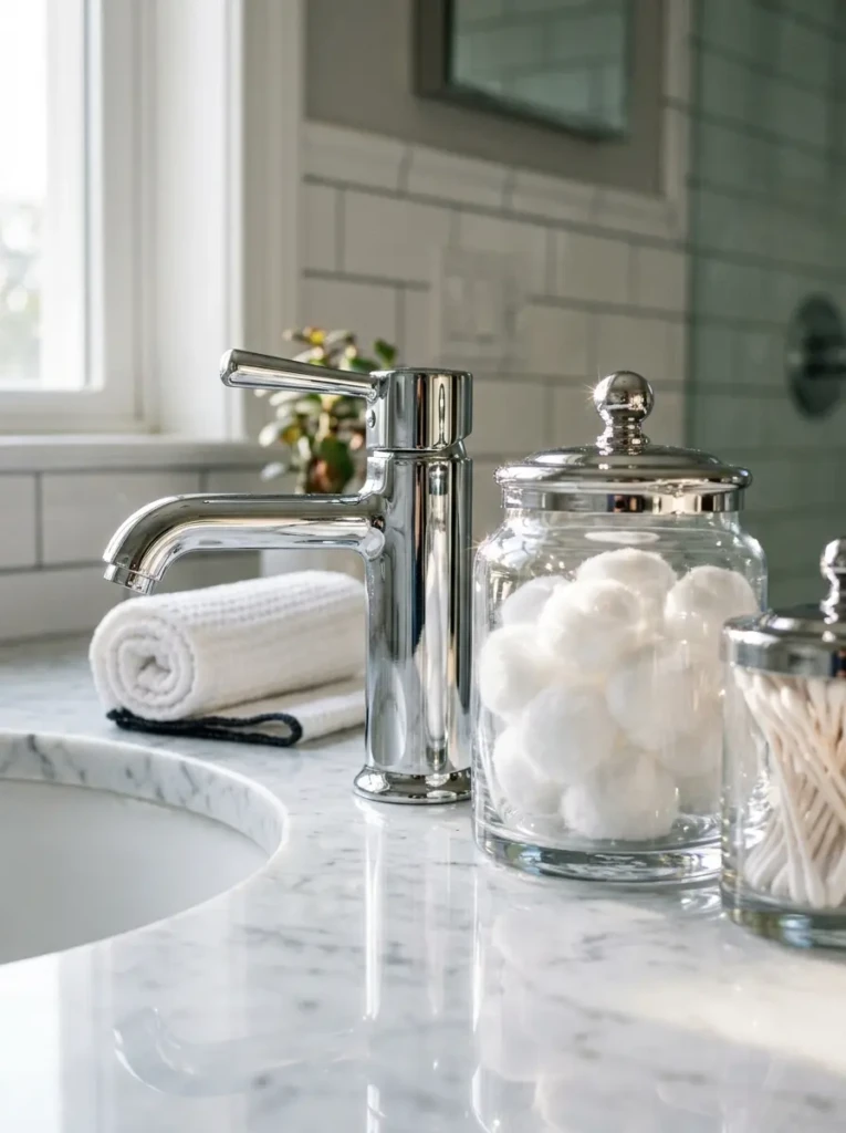 Close-up of chrome fixtures and glass jars adding shine and brightness to the bathroom