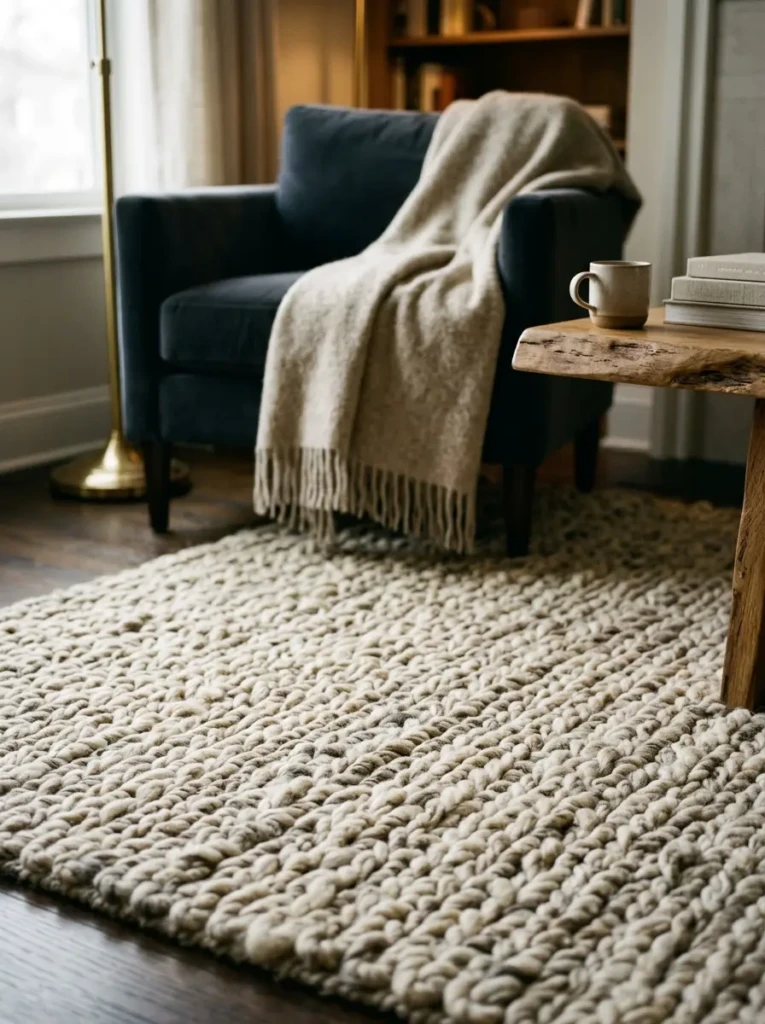 Thick textured wool rug adding warmth and depth to a modern living room.