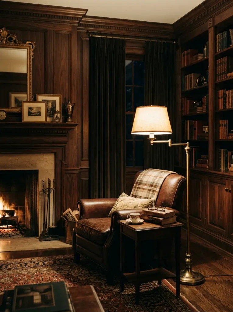 Living space illuminated by warm lighting and classic brass lamp