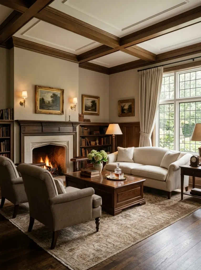 Elegant room with solid wood furniture and neutral upholstery designed in a timeless and refined style