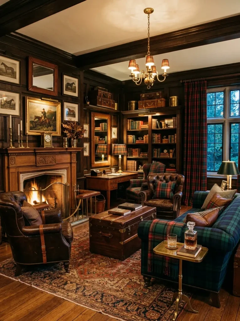 Cozy interior with tartan fabrics, brass accents, and equestrian details