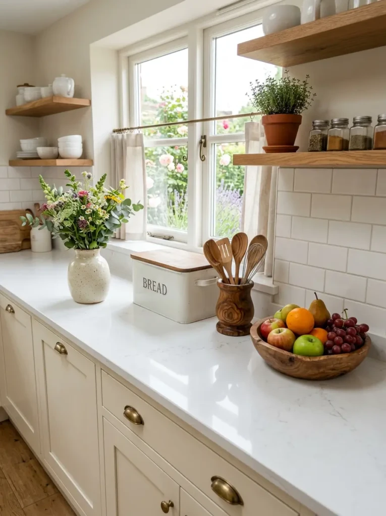 Clean farmhouse small kitchen countertops with ceramic vase, bread box, fruit bowl, and wooden utensils.