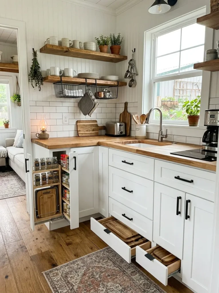 Toe-kick drawers and under-shelf baskets maximize hidden storage in a small farmhouse kitchen.