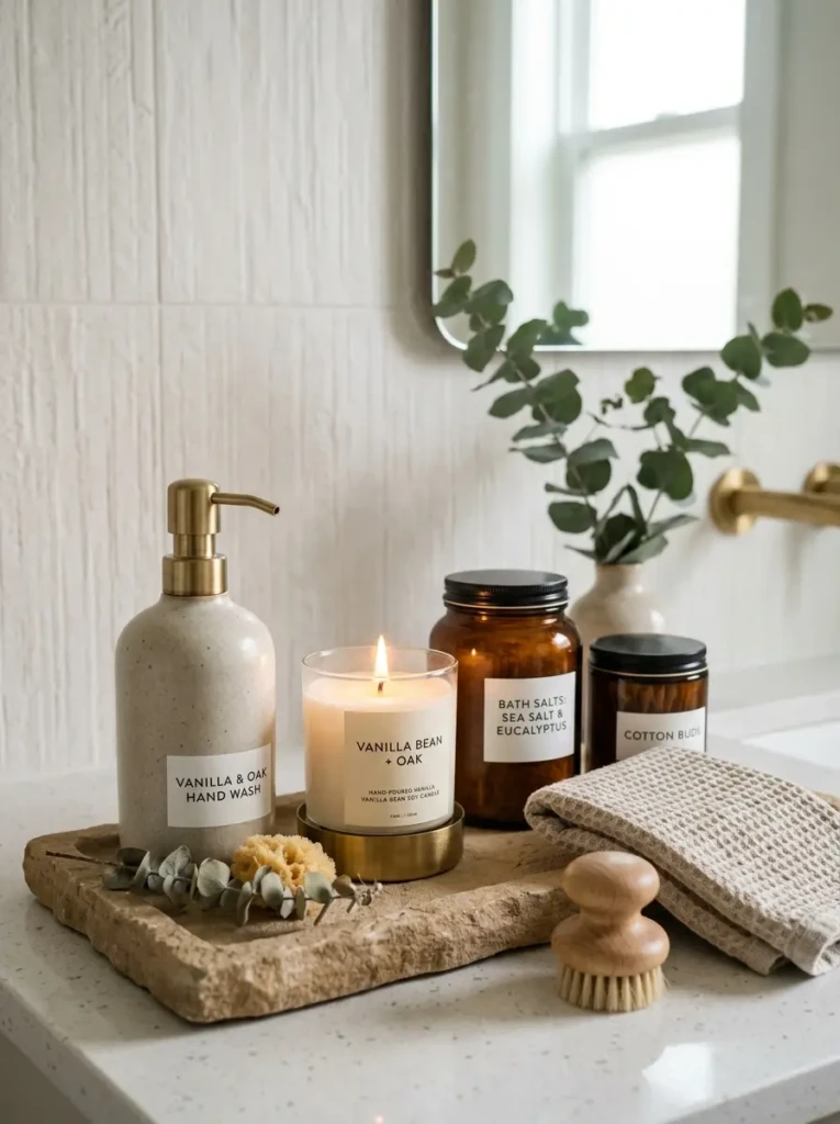Ceramic dispenser, amber jars, candle, and sandstone tray styled as elegant bathroom finishing touches.