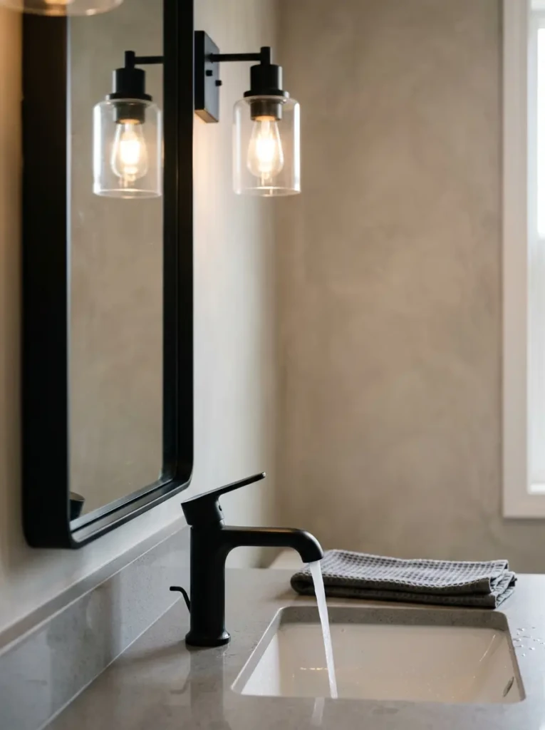 Close-up of black faucet and mirror frame against a neutral background.