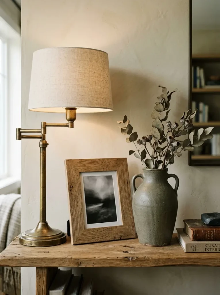 Close-up of a long shelf arrangement featuring an aged brass lamp, oak frame, and matte ceramic vase in an asymmetrical layout.