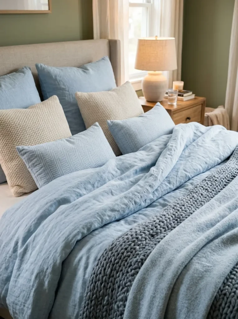 Close-up of a bed with layered light blue bedding, plush pillows, and textured blankets creating a cozy and cloud-like look