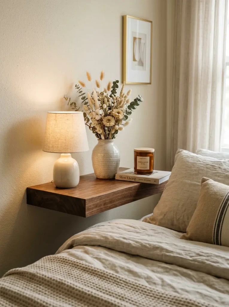 Walnut floating shelf beside the bed styled with dried flowers, lamp, and soft neutral decor.