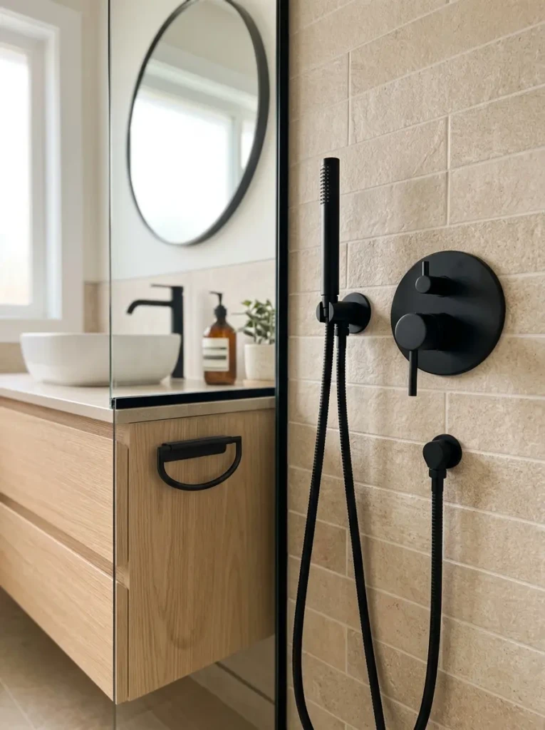 Close-up of matte black shower fixtures and cabinet pulls in a warm beige neutral bathroom.