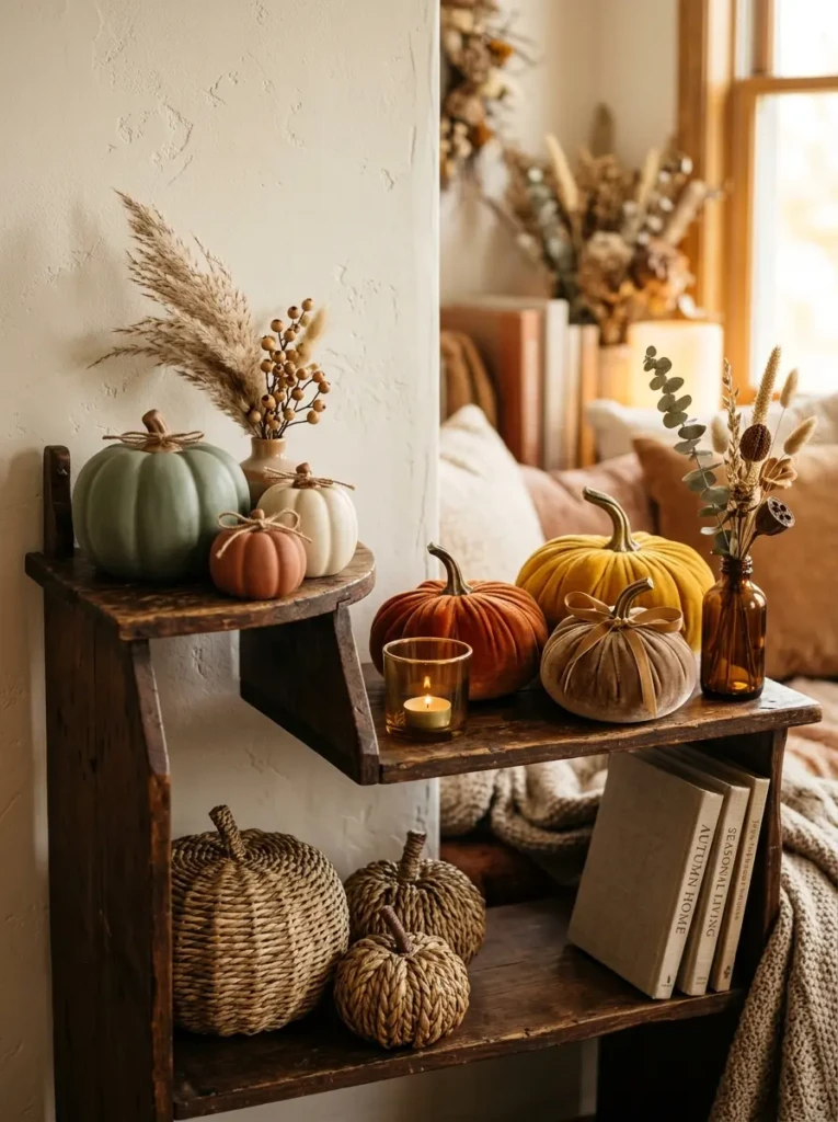 Close-up of grouped ceramic, velvet, and woven pumpkins arranged in a stylish asymmetrical fall shelf layout.