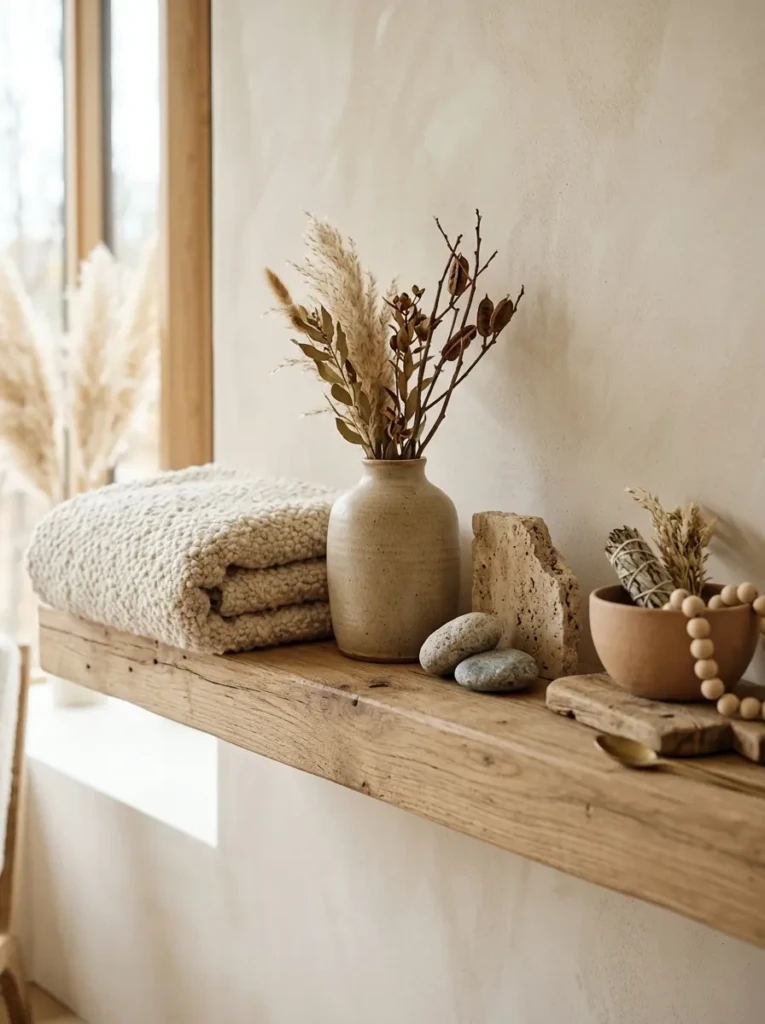 Detailed shelf styling featuring boucle, raw wood, matte ceramic, and stone textures in soft fall neutrals.