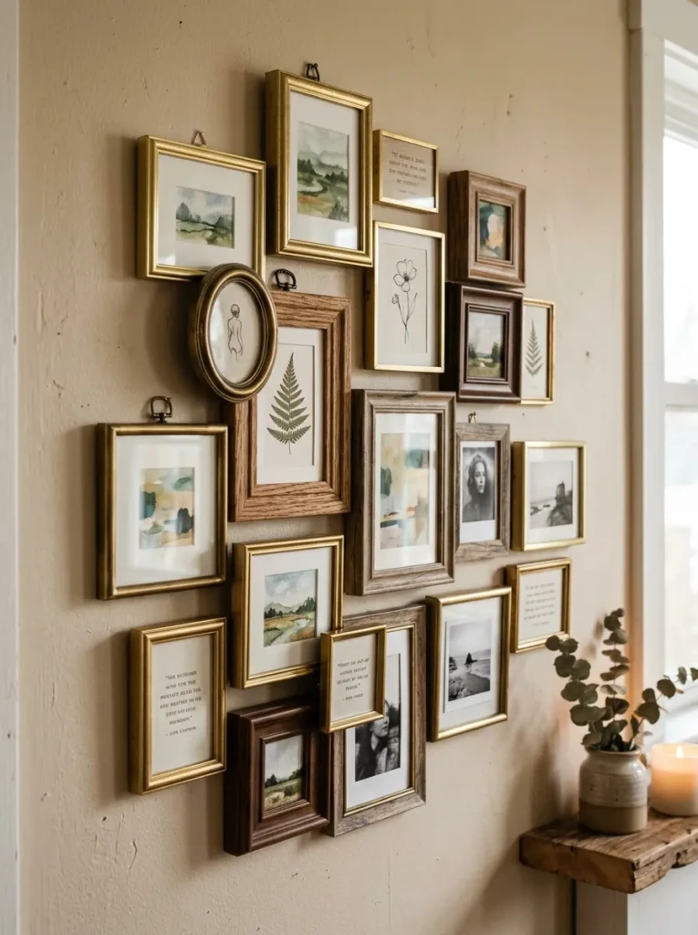Close-up of mixed brass and wood mini frames styled in varied heights on a charming floating shelf.