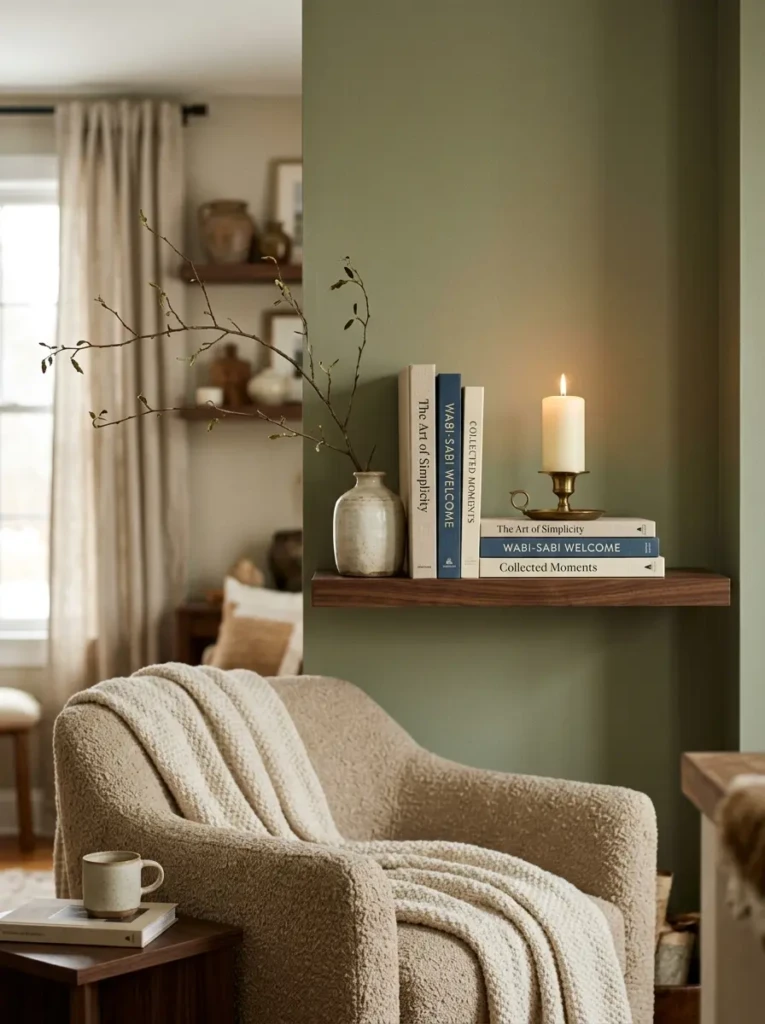 Close-up of books, candles, and branches on a floating shelf showing how small styling updates transform a room.
