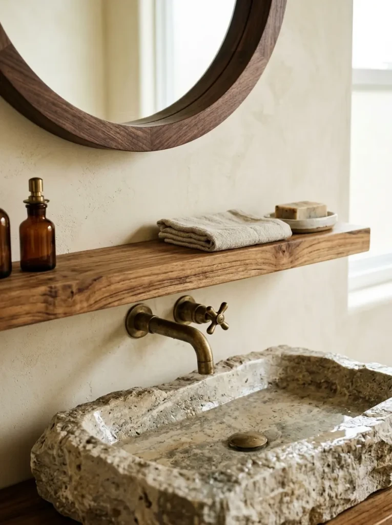 Close-up of walnut mirror frame, teak shelf, and stone sink with earthy contrast.