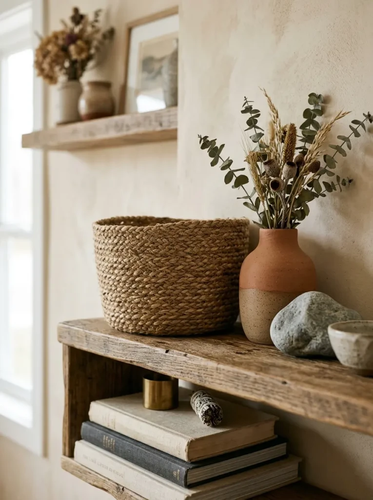 Close-up shelf decor featuring woven fibers, cool stone, and raw clay textures.