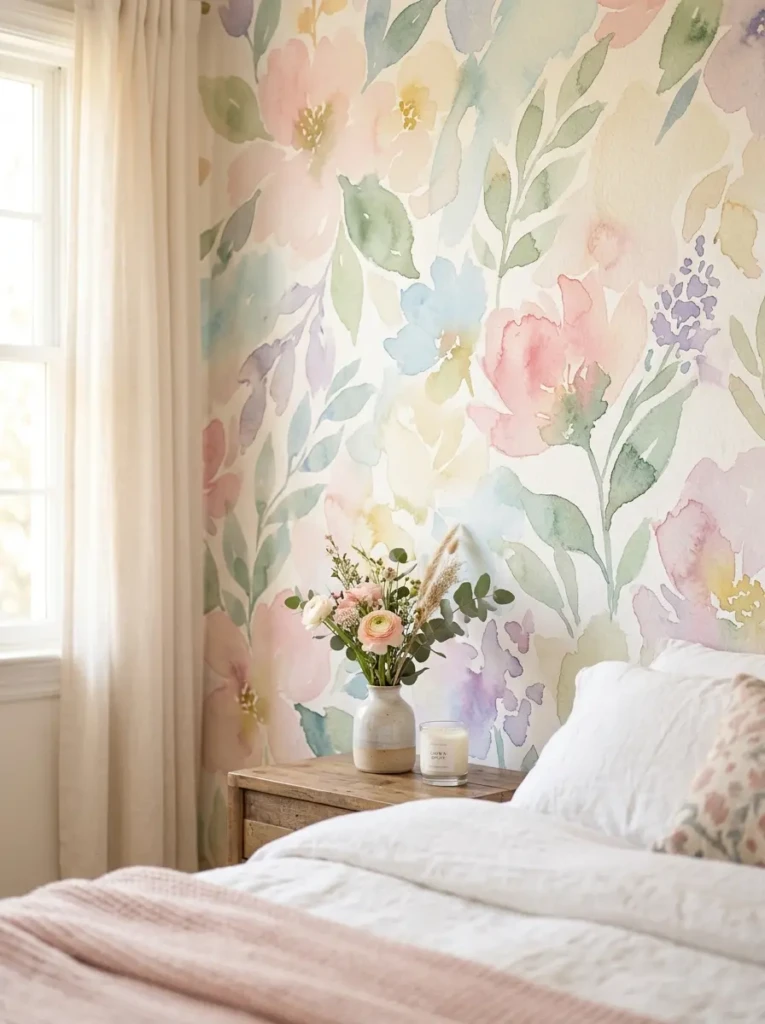 A close-up of pastel watercolor wallpaper creating a soft and uplifting bedroom vibe