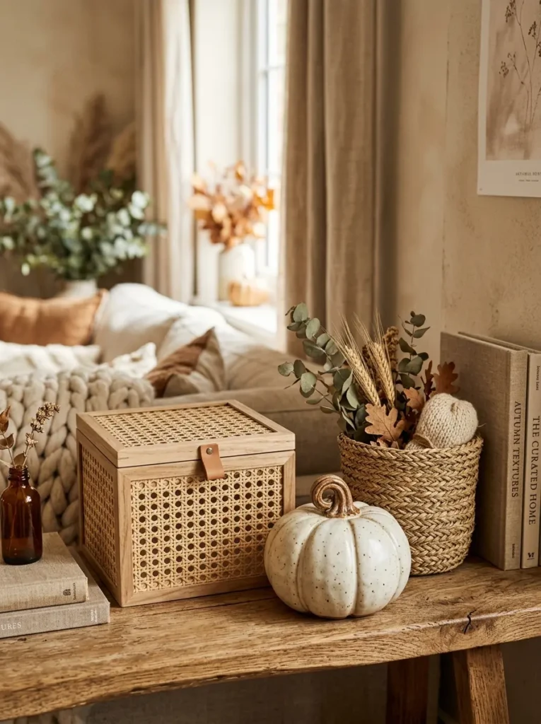 Close-up of a cane box, ceramic pumpkin, and woven natural textures on a warm neutral shelf.