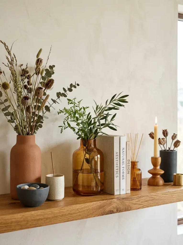 Close-up of floating shelf decor with amber glass, matte ceramics, and honey-toned wood textures.