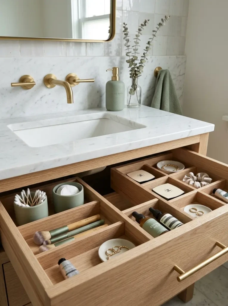 Organized vanity drawer with dividers, wall-mounted faucet, and neatly arranged bathroom essentials.