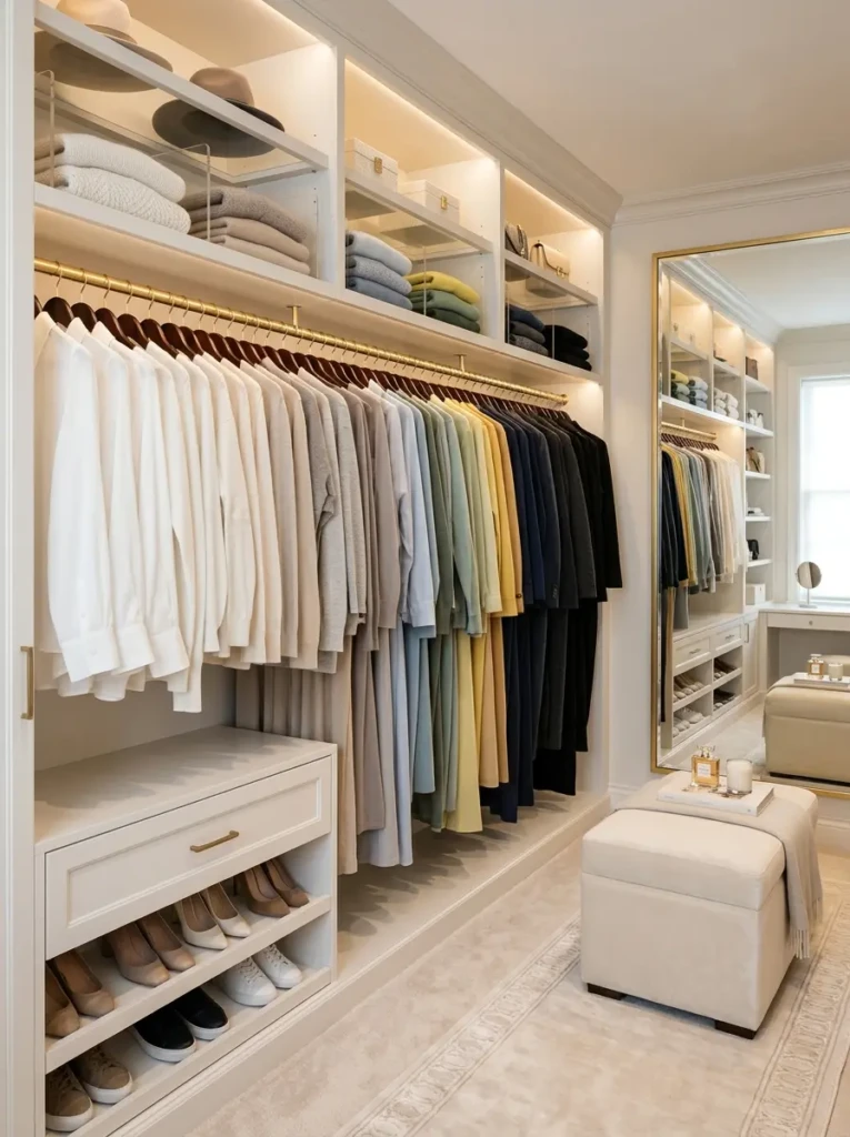 A neatly arranged closet with clothes organized by color gradient on matching hangers in a soft, elegant setting.