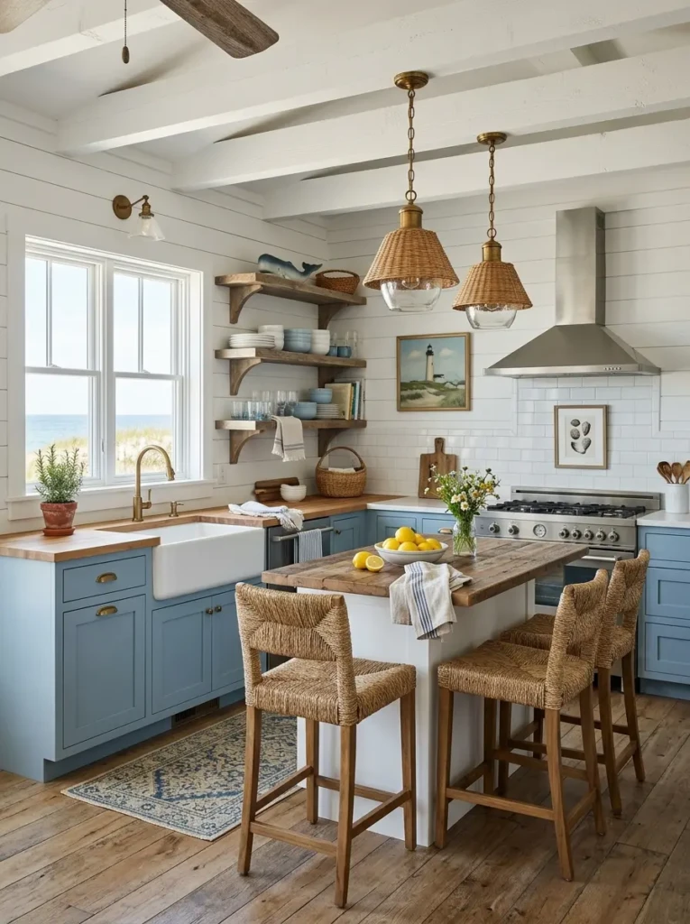Bright small coastal farmhouse kitchen with white shiplap walls, weathered wood shelves, blue accents, and woven stools.